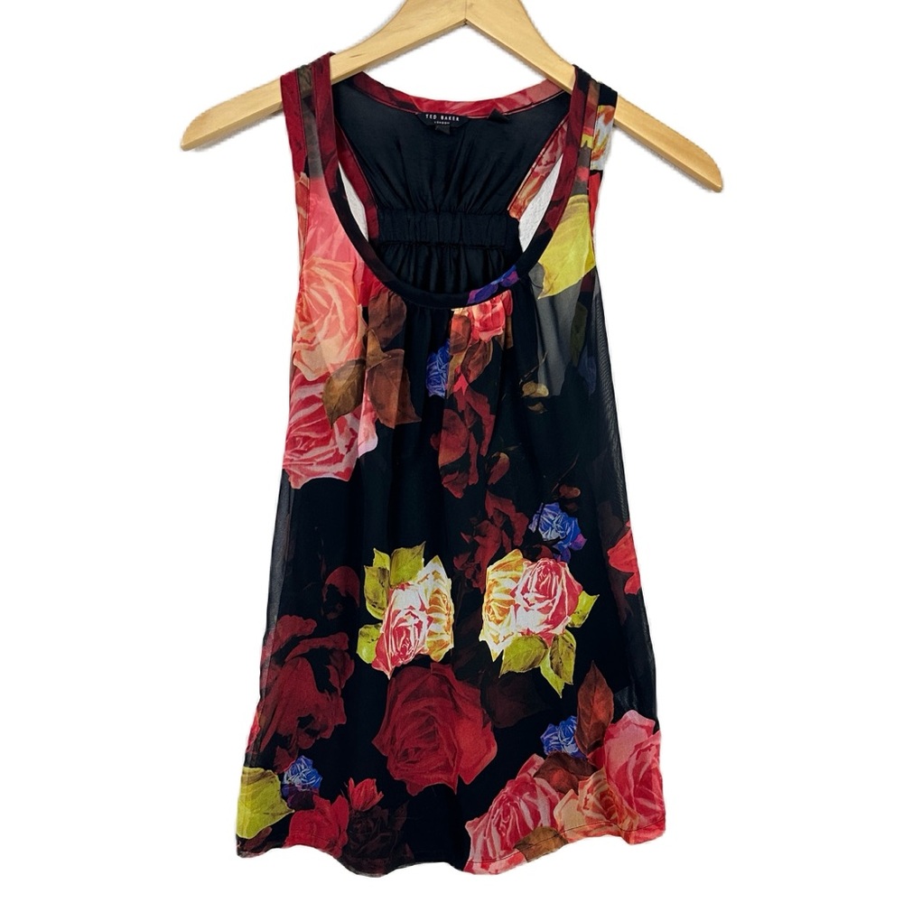 Ted Baker London Floral Sheer Black Red Racerback Tank Top Women’s Sz 2 UK 6 US